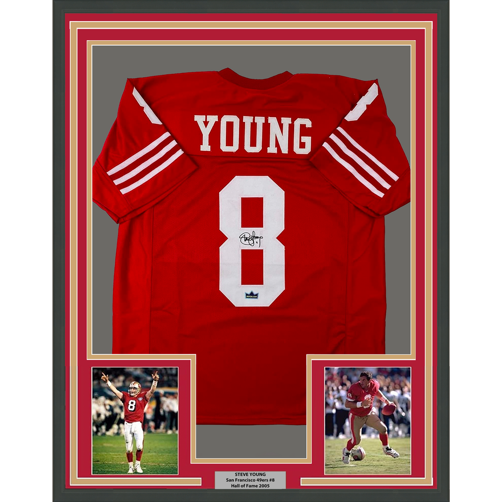 Framed Facsimile Autographed Steve Young 35x39 San Francisco Red Reprint Laser Auto Football Jersey Size Men's XL (ONLINE ORDER ONLY)