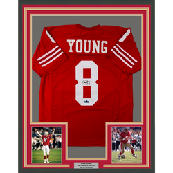 Framed Facsimile Autographed Steve Young 35x39 San Francisco Red Reprint Laser Auto Football Jersey Size Men's XL (ONLINE ORDER ONLY)