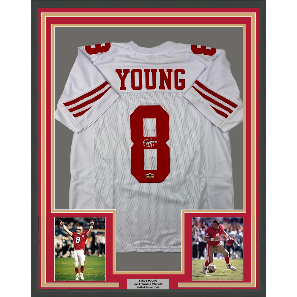 Framed Facsimile Autographed Steve Young 35x39 San Francisco White Reprint Laser Auto Football Jersey Size Men's XL (ONLINE ORDER ONLY)