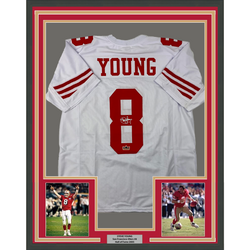 Framed Facsimile Autographed Steve Young 35x39 San Francisco White Reprint Laser Auto Football Jersey Size Men's XL (ONLINE ORDER ONLY)