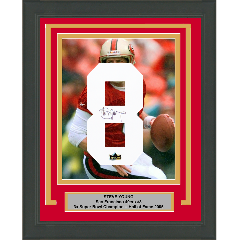 Framed Steve Young Facsimile Autographed Jersey Number 20x24 San Francisco 49ers Reprint Laser Auto Football Photo (ONLINE ORDER ONLY)