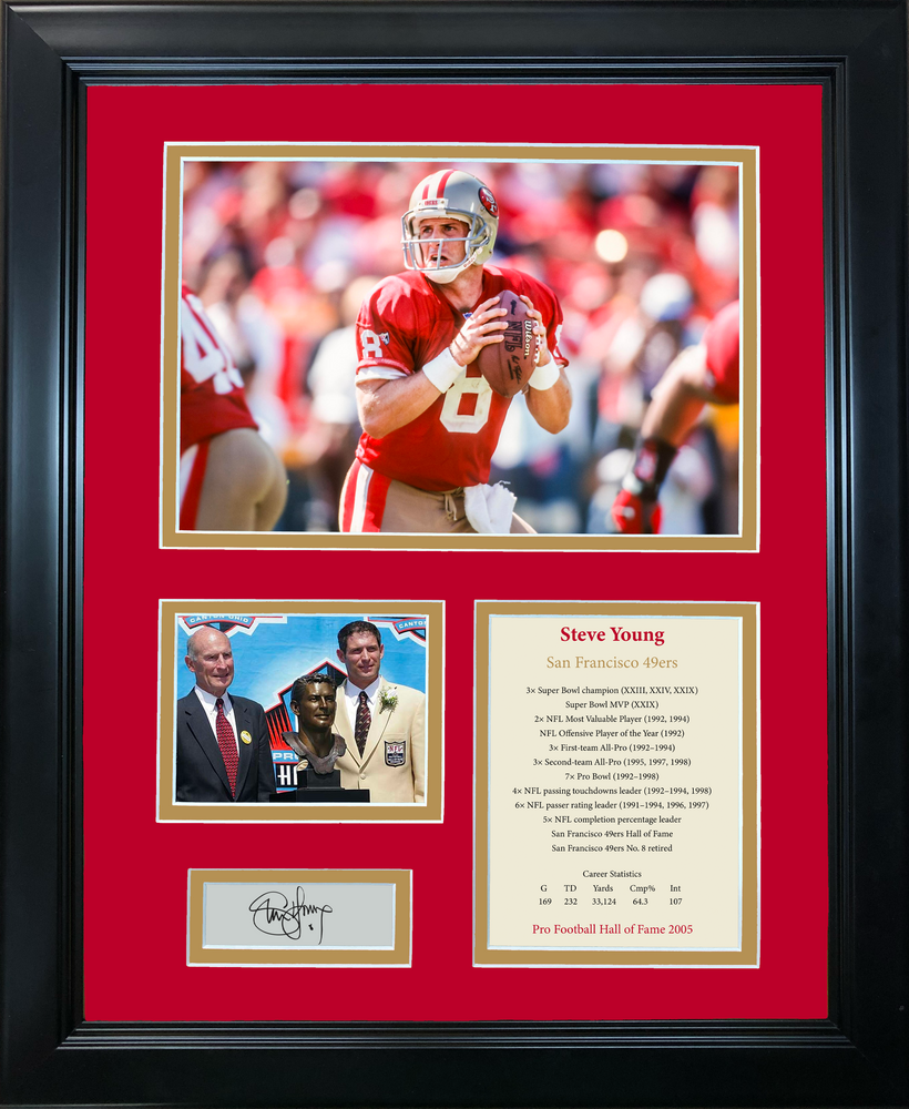 Framed Steve Young Hall of Fame Facsimile Laser Engraved Signature Auto San Francisco 49ers 11"x14"Photo Sig Collage (ONLINE ORDER ONLY)