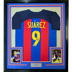 Framed Facsimile Autographed Luis Suarez 35x39 FC Barcelona Blue/Red Reprint Laser Auto Soccer Jersey (ONLINE ORDER ONLY)