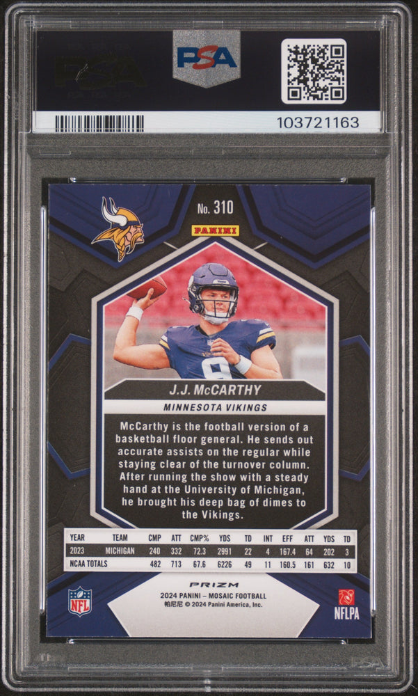 Graded 2024 Panini Mosaic JJ McCarthy #310 Green Rookie RC Football Card PSA 9 Mint (ONLINE ORDER ONLY)