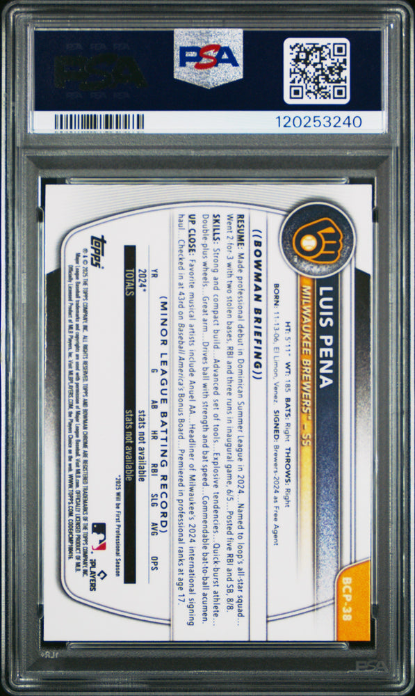 Graded 2025 Topps Bowman Sapphire Luis Pena #BCP38 Chrome Prospects Rookie RC Baseball Card PSA 10 Gem Mint (ONLINE ORDER ONLY)