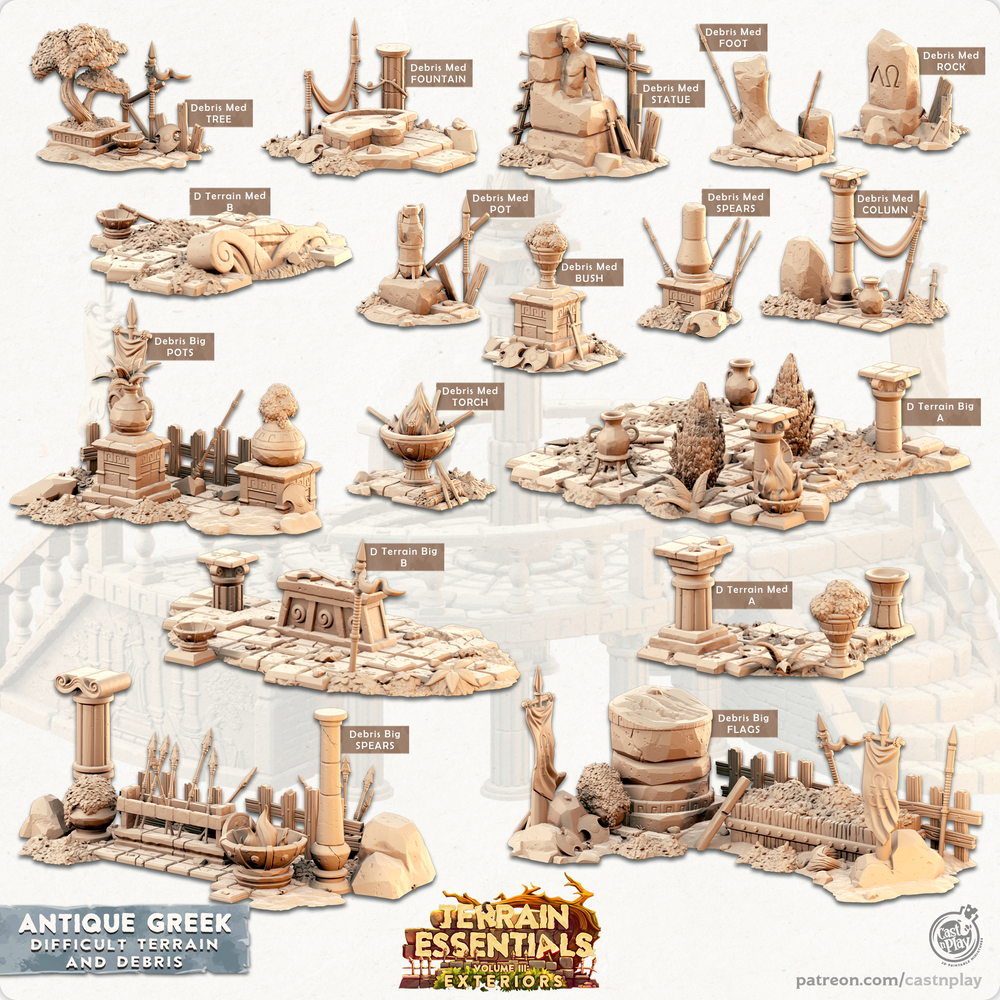 3D Printed Cast n Play Debris and Difficult Terrain Antique Greek Set 28mm 32mm D&D (Online Only)