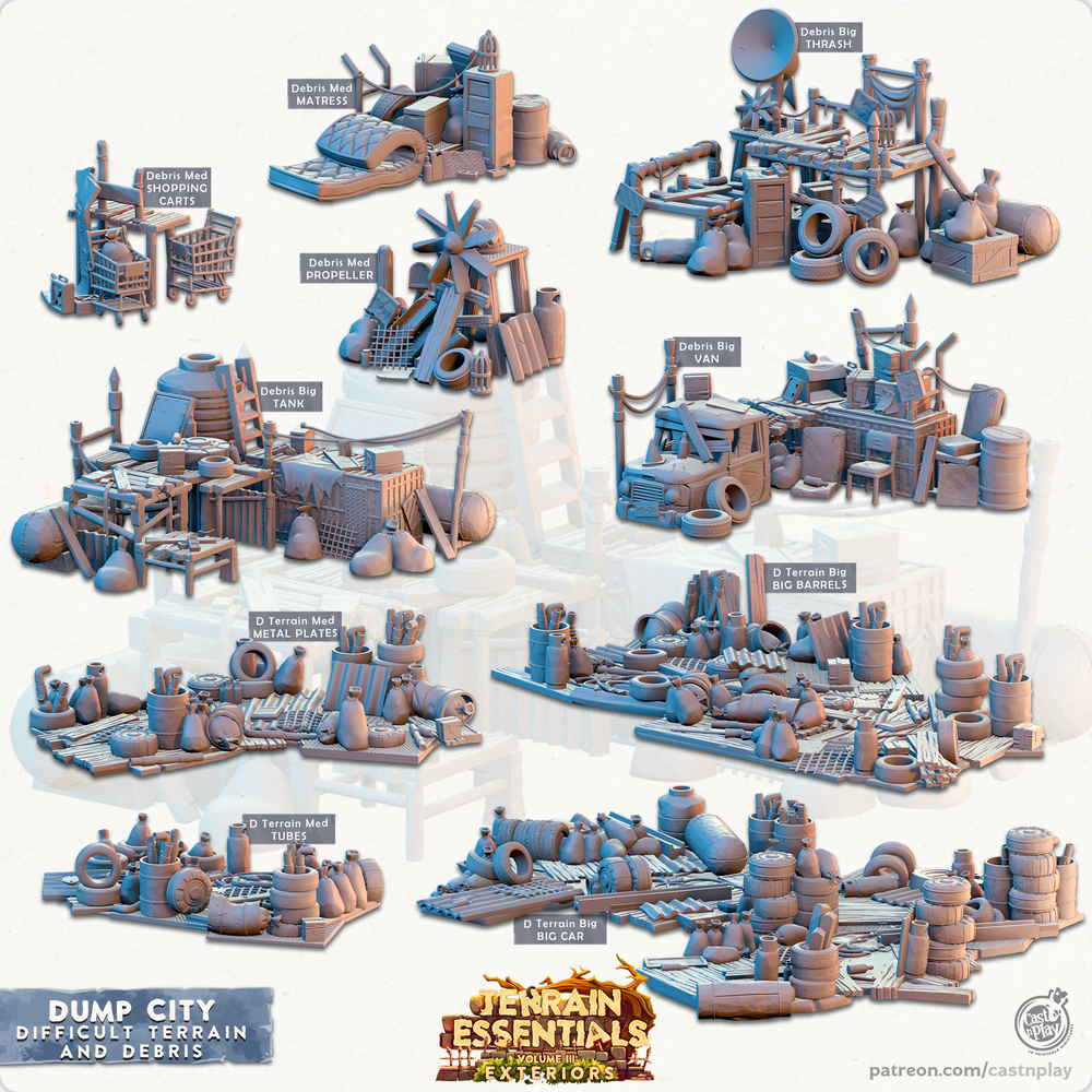 3D Printed Cast n Play Difficult Terrain and Debris Dump City Set 28mm 32mm D&D (Online Only)