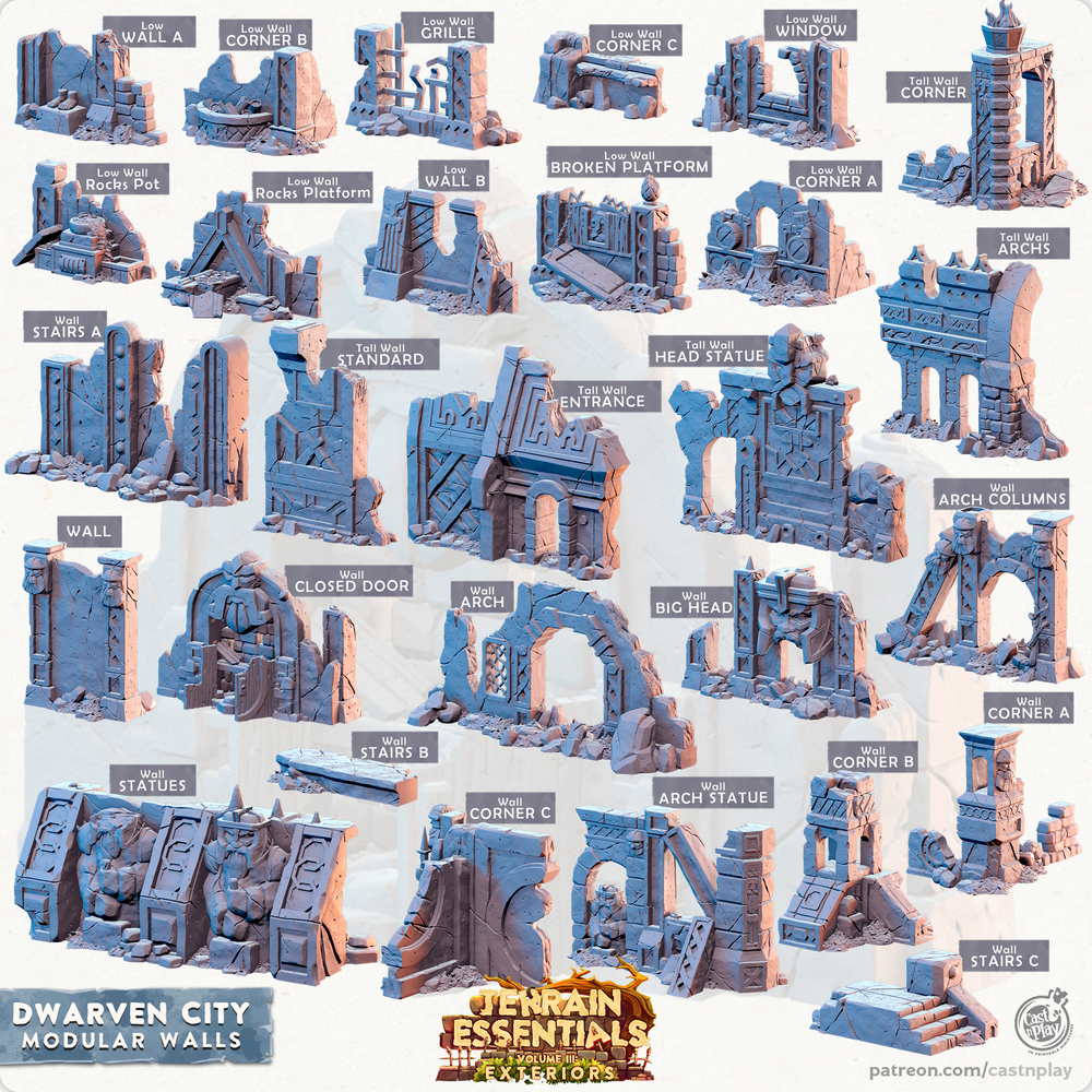 3D Printed Cast n Play Modular Walls Terrain Essentials Vol III Exteriors Dwarven City Set 28mm 32mm D&D (Online Only)
