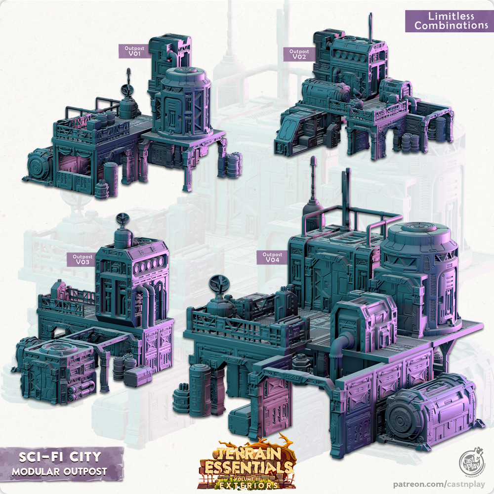 3D Printed Cast n Play Modular Outposts Sci-Fi City Set Terrain Essentials Vol III Exteriors 28mm 32mm D&D (Online Only)