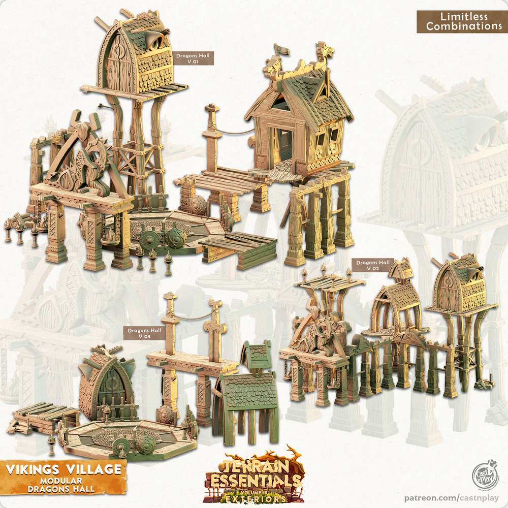 3D Printed Cast n Play Modular Dragon's Hall Vikings Village Set 28mm 32mm D&D (Online Only)