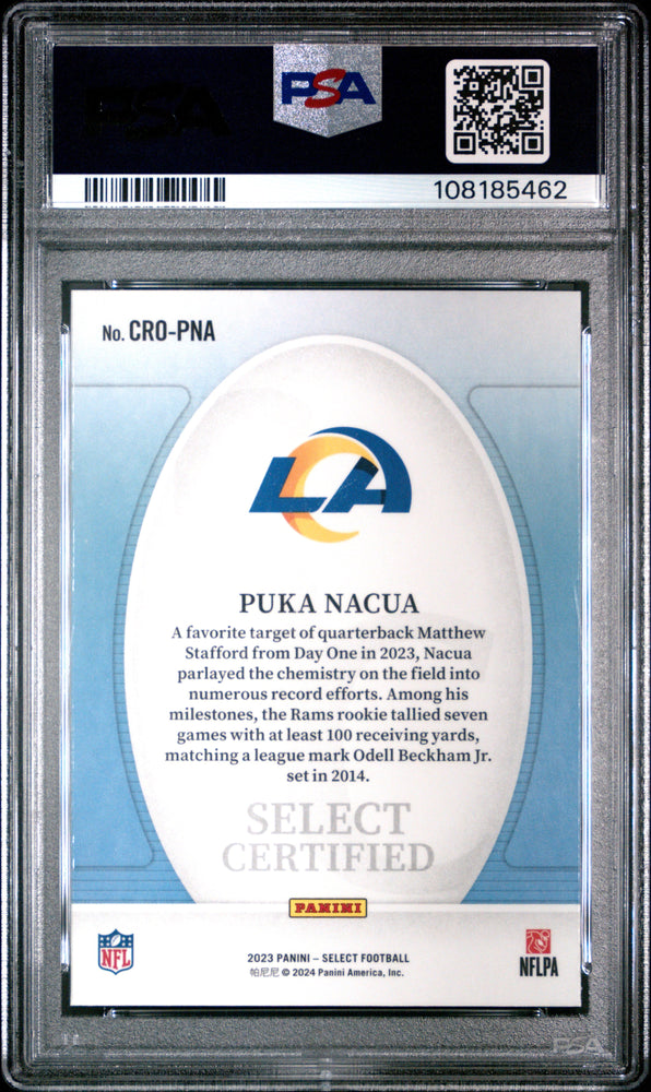 Graded 2023 Panini Select Puka Nacua #CROPNA Certified Rookies Rookie RC Football Card PSA 10 Gem Mint (ONLINE ORDER ONLY)