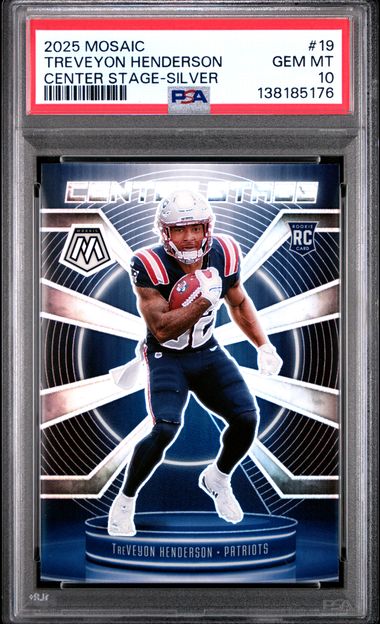 Graded 2025 Panini Mosaic TreVeyon Henderson #19 Center Stage Silver Rookie RC Football Card PSA 10 Gem Mint