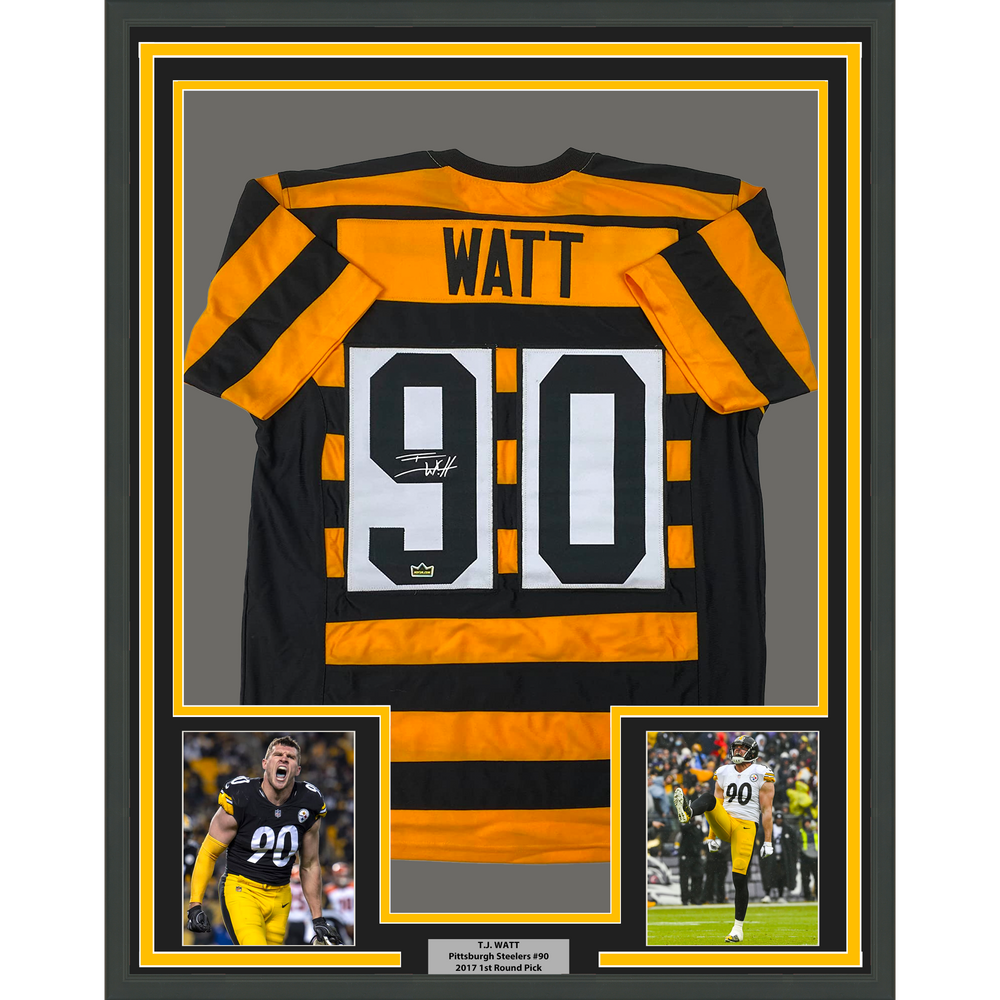 Framed Facsimile Autographed T.J. TJ Watt 35x39 Pittsburgh Bumble Bee Reprint Laser Auto Football Jersey (ONLINE ORDER ONLY)