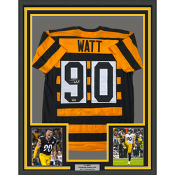 Framed Facsimile Autographed T.J. TJ Watt 35x39 Pittsburgh Bumble Bee Reprint Laser Auto Football Jersey (ONLINE ORDER ONLY)
