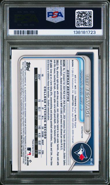 Graded 2024 Topps Bowman Draft Trey Yesavage #BDC92 Chrome Refractor Rookie RC Baseball Card PSA 9 Mint