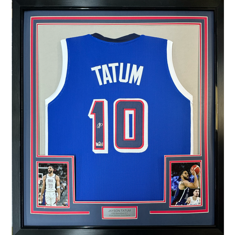 Framed Facsimile Autographed Jayson Tatum 35x39 2024 United States Team USA Blue Reprint Laser Auto Basketball Jersey (ONLINE ORDER ONLY)