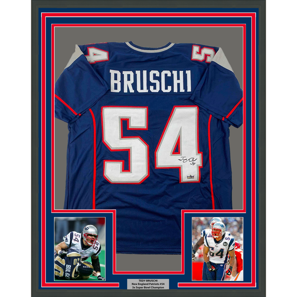 Framed Facsimile Autographed Tedy Bruschi 35x39 New England Blue Reprint Laser Auto Football Jersey (ONLINE ORDER ONLY)