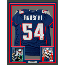 Framed Facsimile Autographed Tedy Bruschi 35x39 New England Blue Reprint Laser Auto Football Jersey (ONLINE ORDER ONLY)