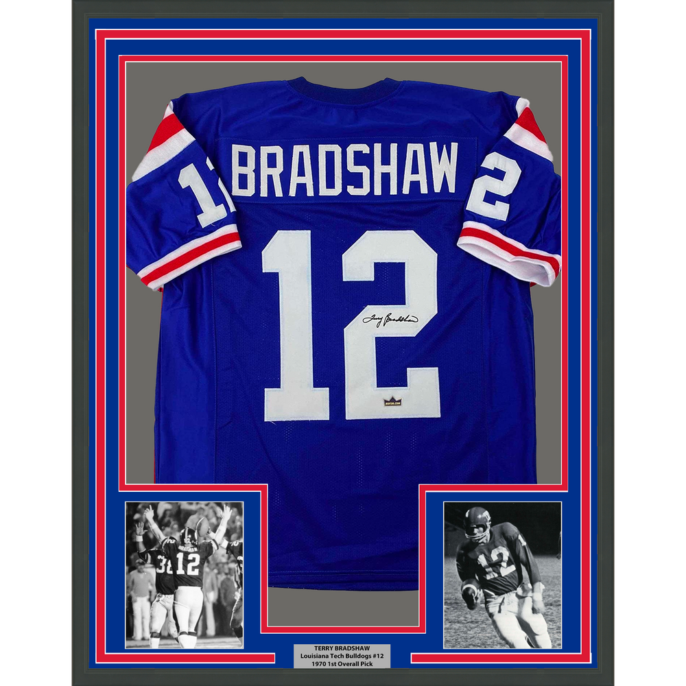 Framed Facsimile Autographed Terry Bradshaw 35x39 Louisiana Tech Blue Reprint Laser Auto College Football Jersey (ONLINE ORDER ONLY)