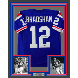 Framed Facsimile Autographed Terry Bradshaw 35x39 Louisiana Tech Blue Reprint Laser Auto College Football Jersey (ONLINE ORDER ONLY)