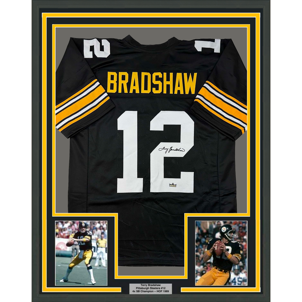 Framed Facsimile Autographed Terry Bradshaw 35x39 Pittsburgh Black Reprint Laser Auto Football Jersey (ONLINE ORDER ONLY)