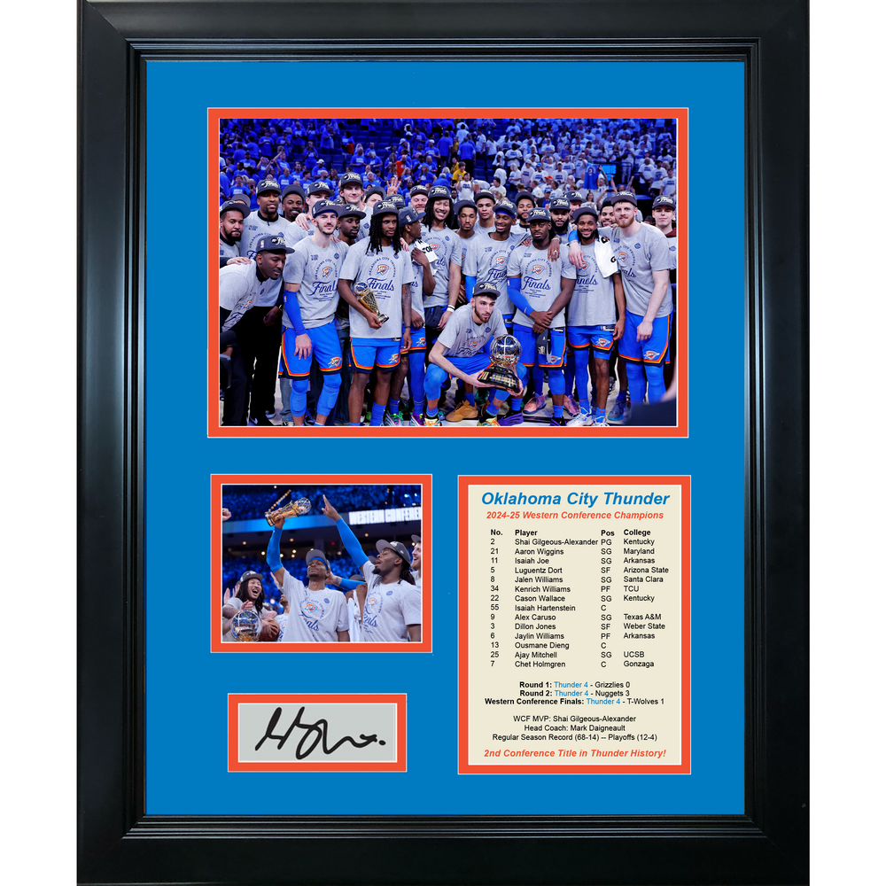 Framed Oklahoma City Thunder 2024-2025 Western Conference Finals Champions Shai Gilgeous-Alexander SGA MVP Most Valuable Player Facsimile Laser Engraved Signature Auto Basketball 11"x14" Photo Sig Collage (ONLINE ORDER ONLY)