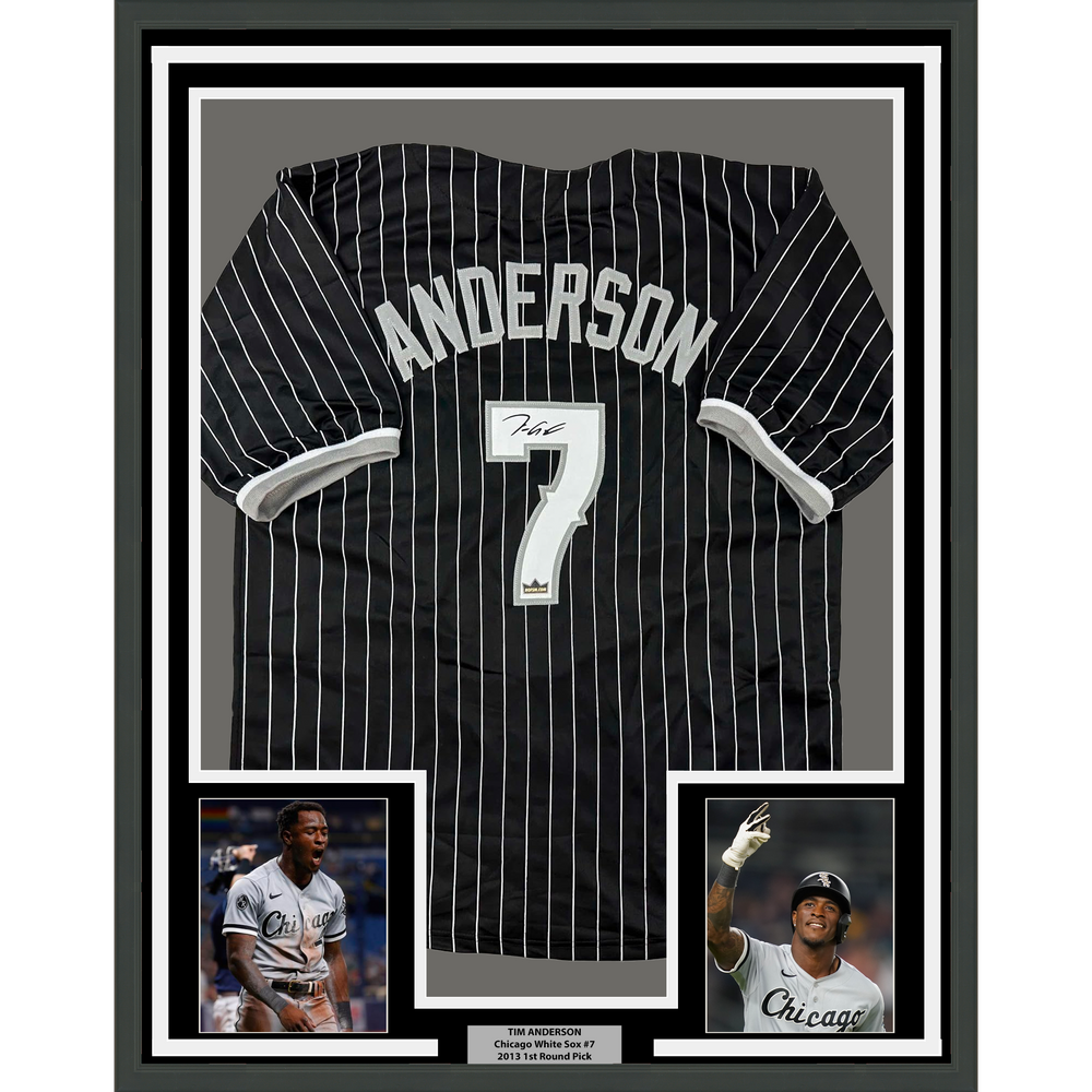 Framed Facsimile Autographed Tim Anderson 35x39 Chicago Black Pinstripe City Connect Reprint Laser Auto Baseball Jersey (ONLINE ORDER ONLY)