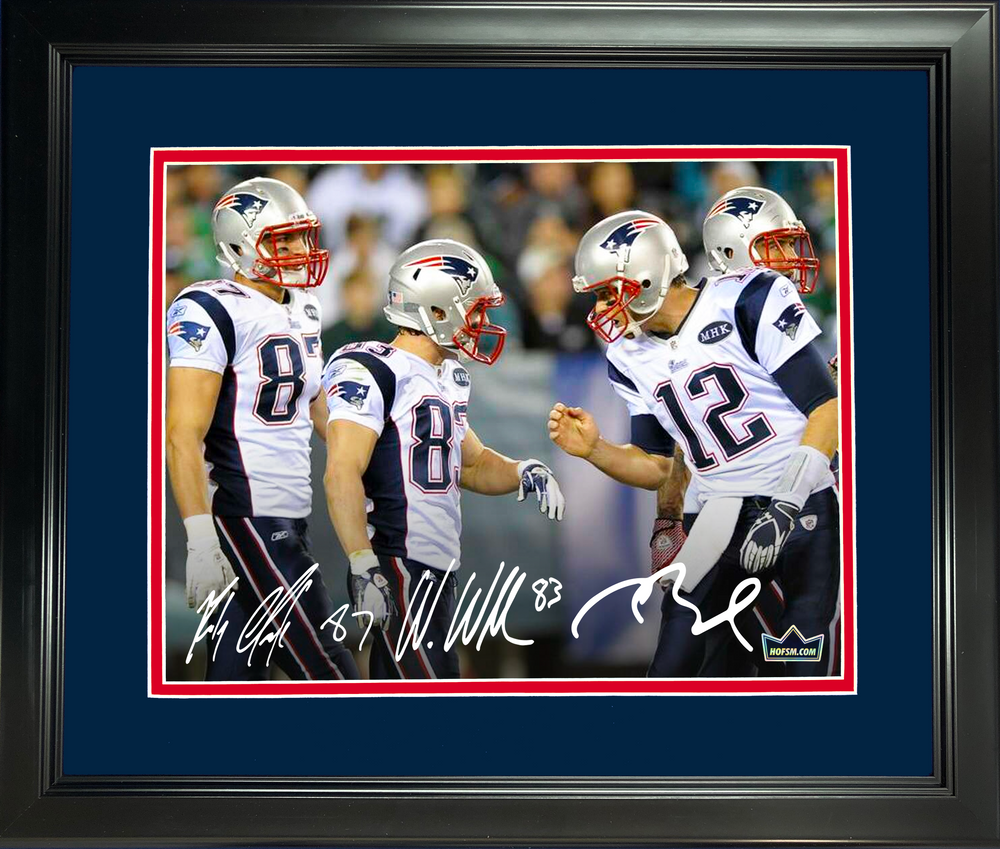 Framed Tom Brady, Rob Gronkowski & Wes Welker Facsimile Laser Engraved Signature Auto New England Patriots 11"x14" Football Photo HOFSM Holo (ONLINE ORDER ONLY)
