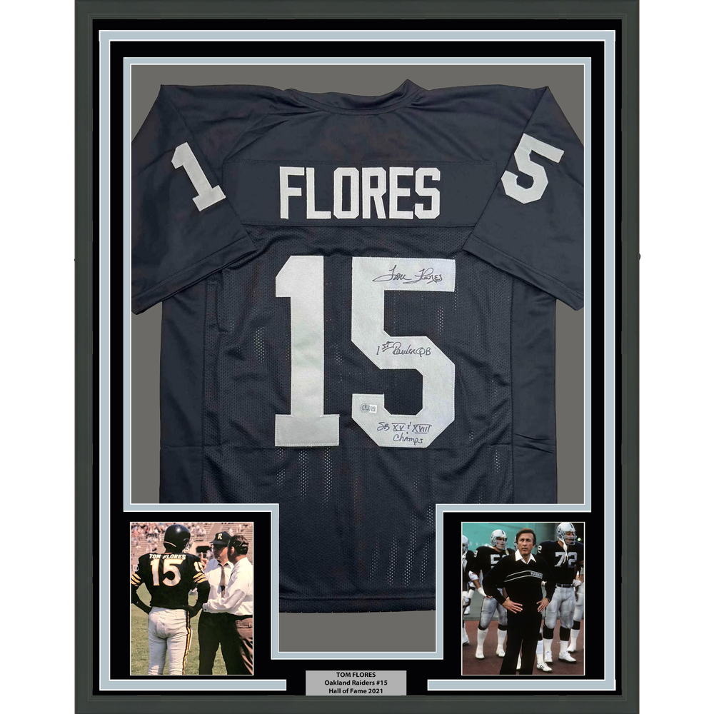 Framed Autographed/Signed Tom Flores 35x39 Las Vegas Oakland Black Football Jersey Beckett BAS COA