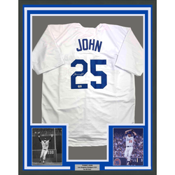 Framed Autographed/Signed Tommy John 35x39 Los Angeles White Baseball Jersey Beckett BAS COA