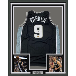 Framed Facsimile Autographed Tony Parker 35x39 San Antonio Black Reprint Laser Auto Basketball Jersey (ONLINE ORDER ONLY)