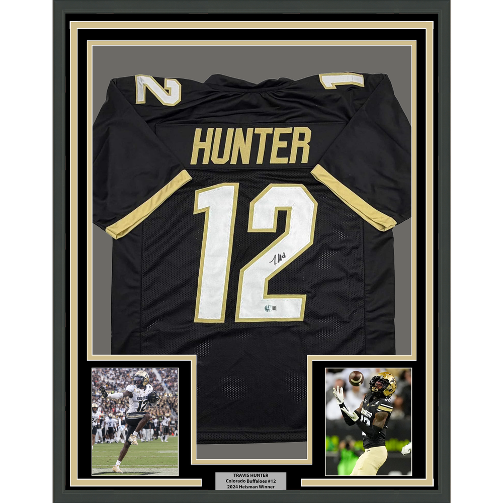 Framed Autographed/Signed Travis Hunter 35x39 Colorado Black College Football Jersey Beckett BAS COA