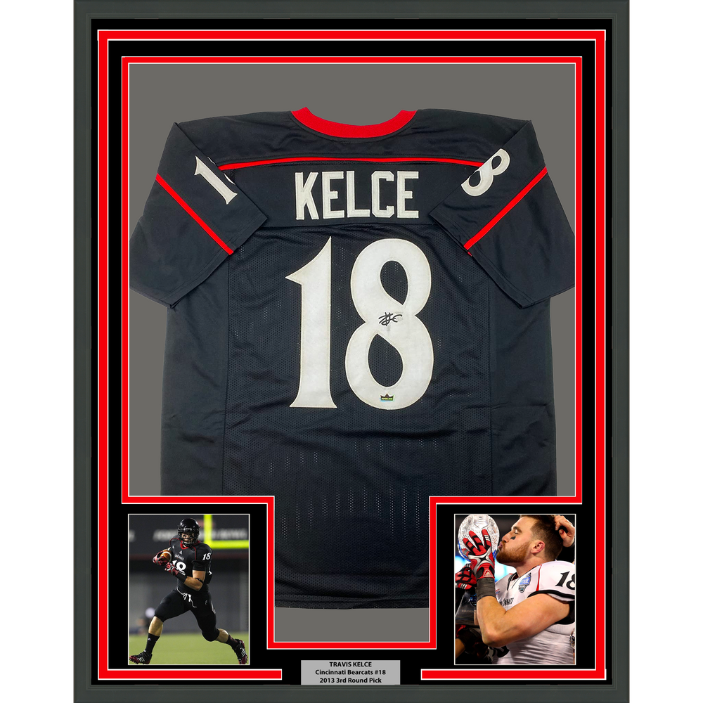 Framed Facsimile Autographed Travis Kelce 35x39 Cincinnati Black Reprint Laser Auto College Football Jersey Size Men's XL (ONLINE ORDER ONLY)