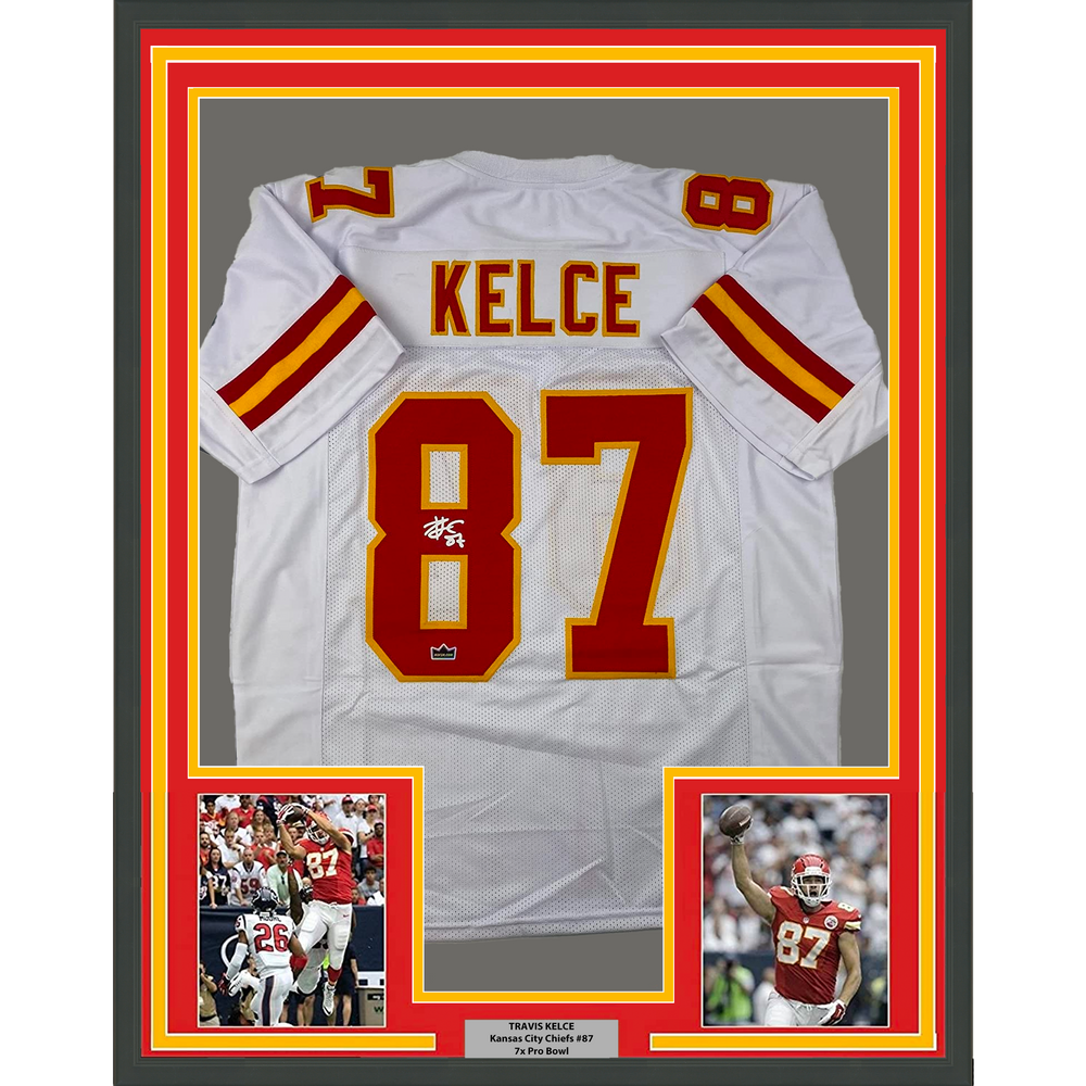 Framed Facsimile Autographed Travis Kelce 35x39 Kansas City White Reprint Laser Auto Football Jersey Size Men's XL (ONLINE ORDER ONLY)