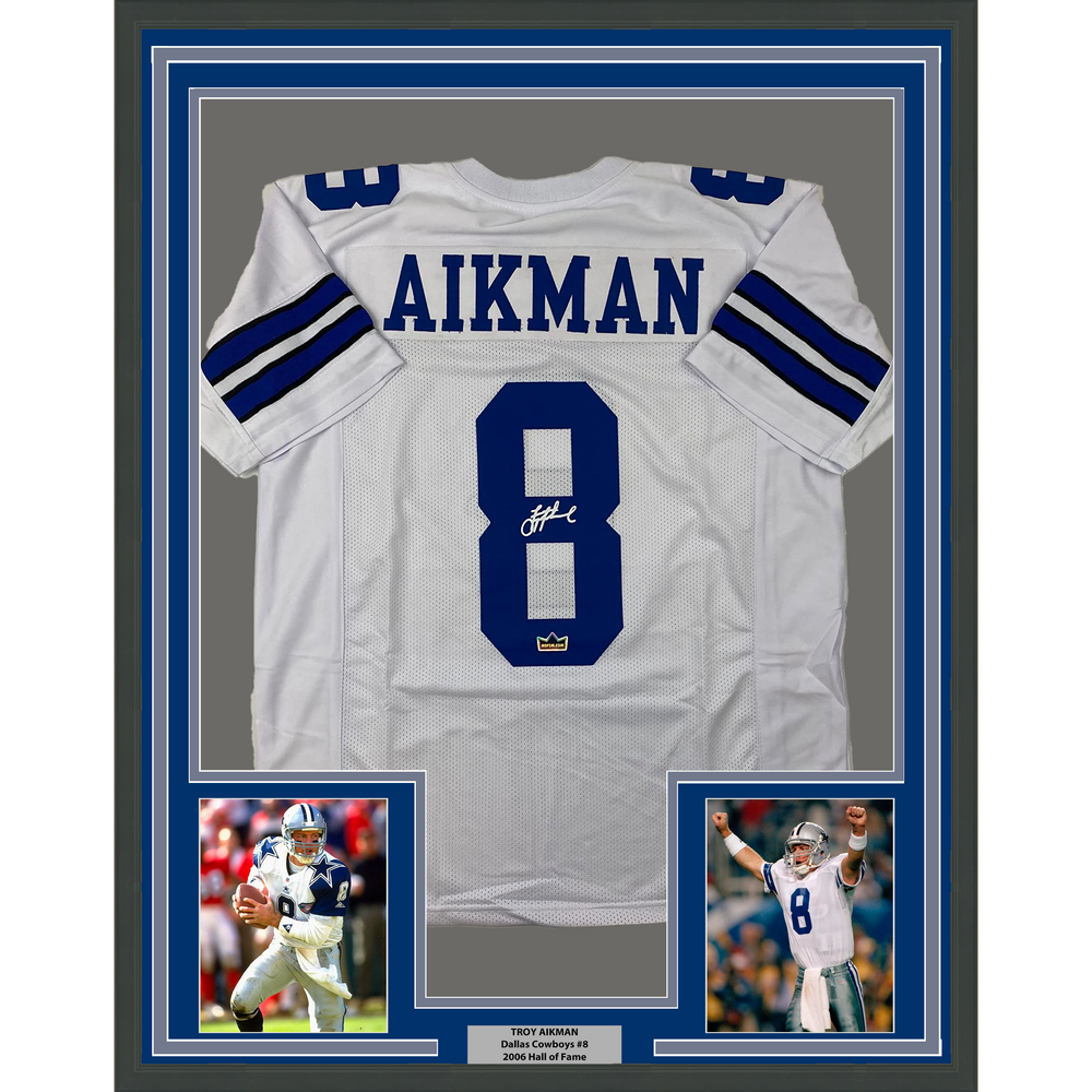 Framed Facsimile Autographed Troy Aikman 35x39 Dallas White Reprint Laser Auto Football Jersey Size Men's XL (ONLINE ORDER ONLY)