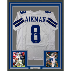Framed Facsimile Autographed Troy Aikman 35x39 Dallas White Reprint Laser Auto Football Jersey Size Men's XL (ONLINE ORDER ONLY)