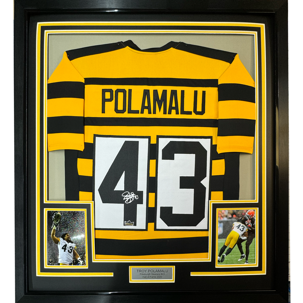 Framed Facsimile Autographed Troy Polamalu 35x39 Pittsburgh Bumble Bee Reprint Laser Auto Football (ONLINE ORDER ONLY)