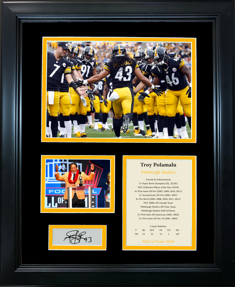 Framed Troy Polamalu Hall of Fame Facsimile Laser Engraved Signature Auto Pittsburgh Steelers 11"x14" Football Photo Sig Collage (ONLINE ORDER ONLY)