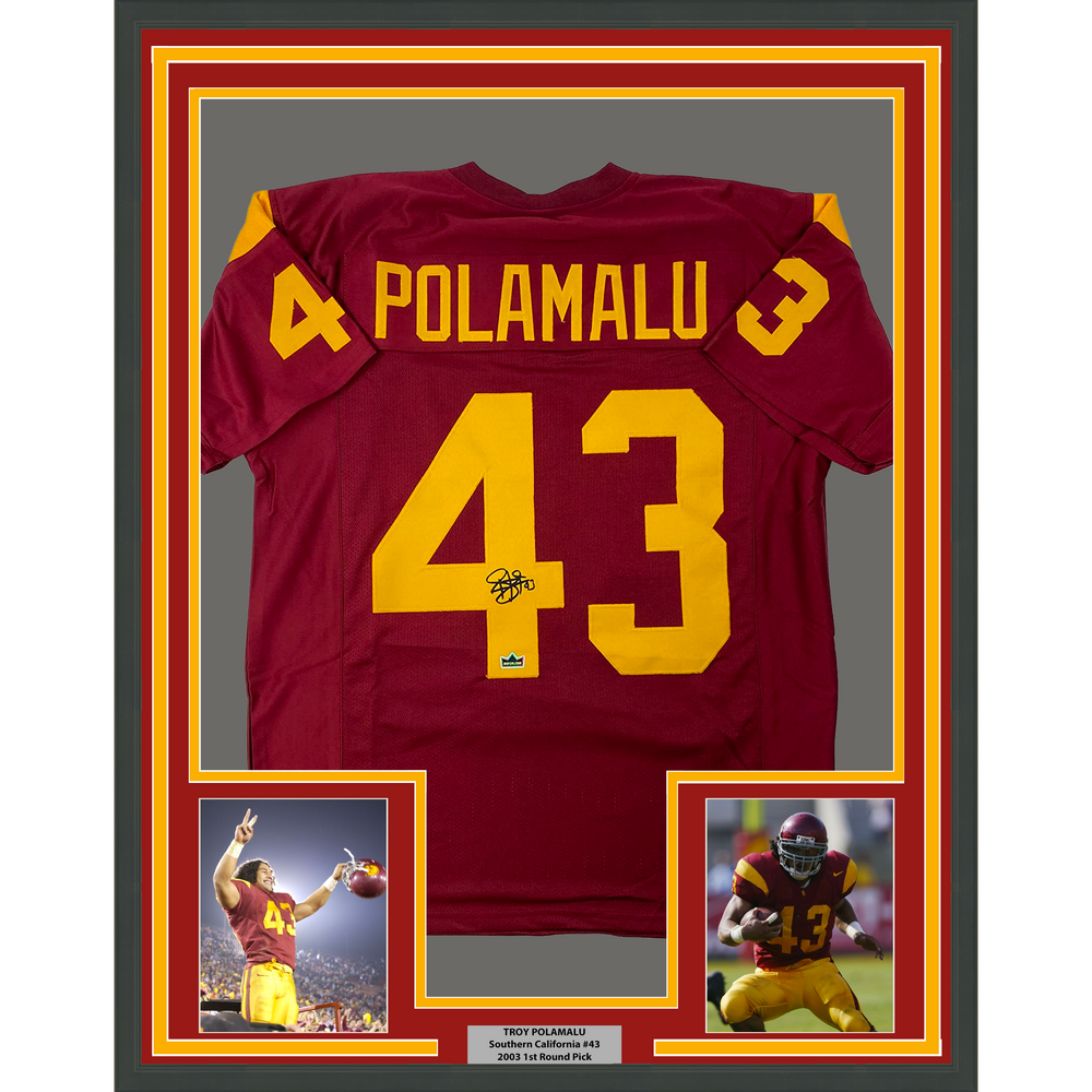 Framed Facsimile Autographed Troy Polamalu 35x39 USC Maroon Reprint Laser Auto College Football Jersey (ONLINE ORDER ONLY)