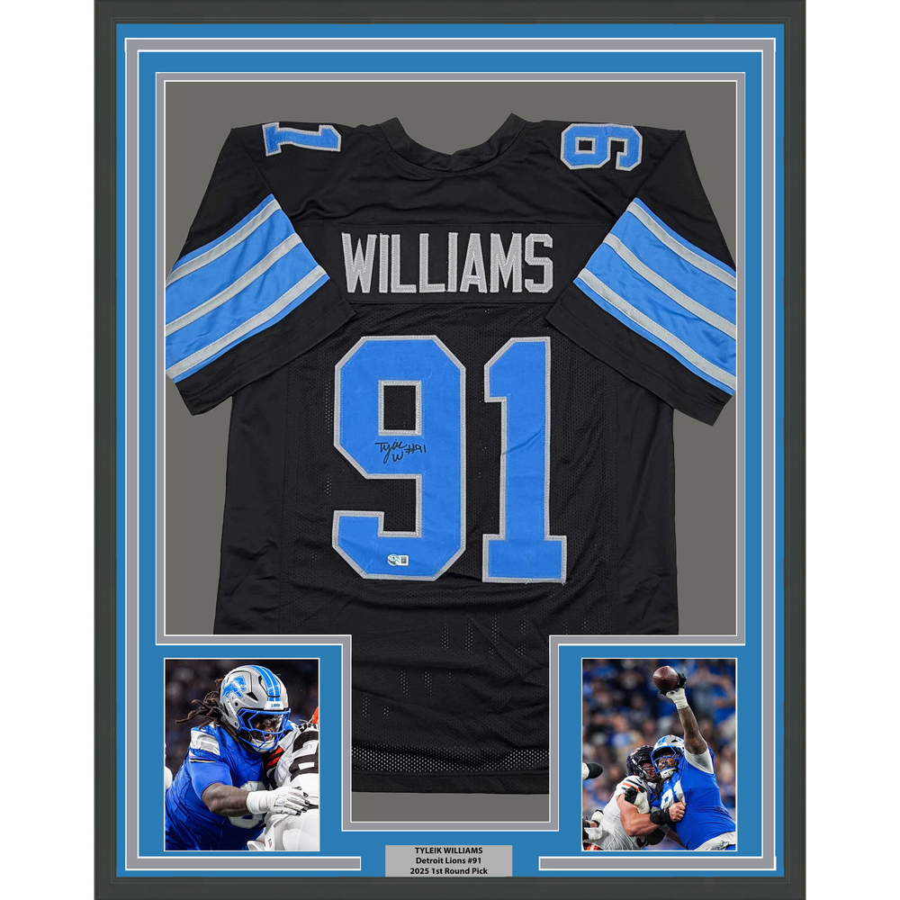 Framed Autographed/Signed Tyleik Williams 35x39 Detroit Black Football Jersey Beckett BAS COA