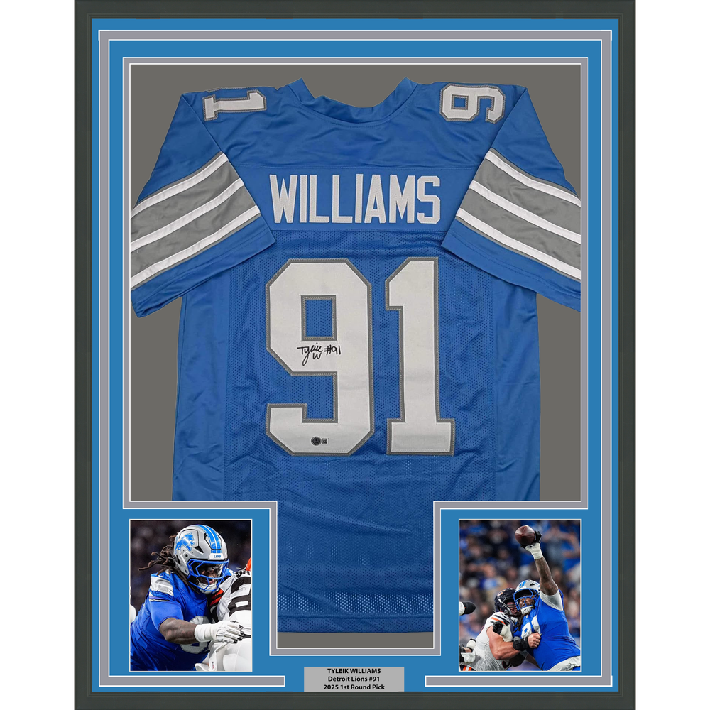 Framed Autographed/Signed Tyleik Williams 35x39 Detroit Blue Football Jersey Beckett BAS COA