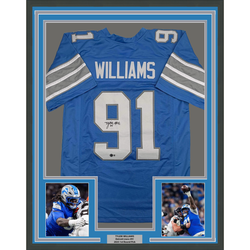 Framed Autographed/Signed Tyleik Williams 35x39 Detroit Blue Football Jersey Beckett BAS COA