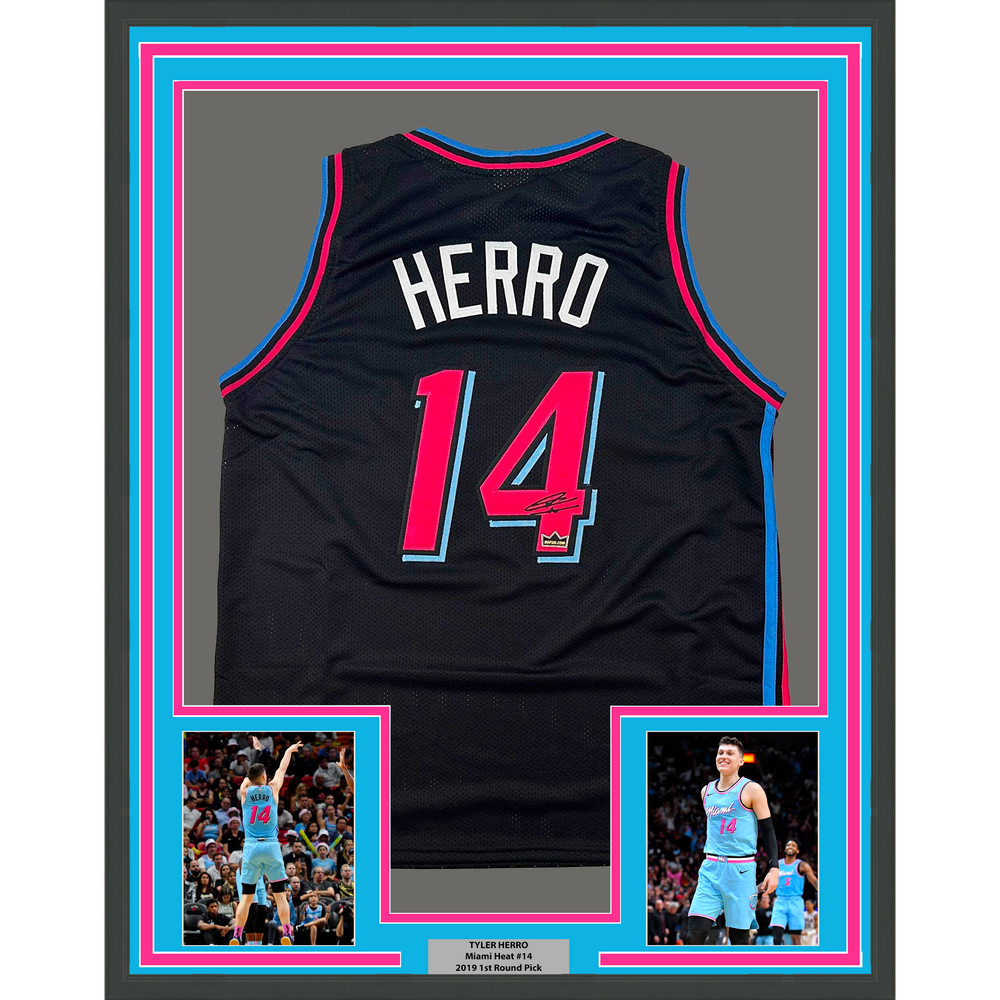 Framed Facsimile Autographed Tyler Herro 35x39 Miami Black Vice City Reprint Laser Auto Basketball Jersey (ONLINE ORDER ONLY)
