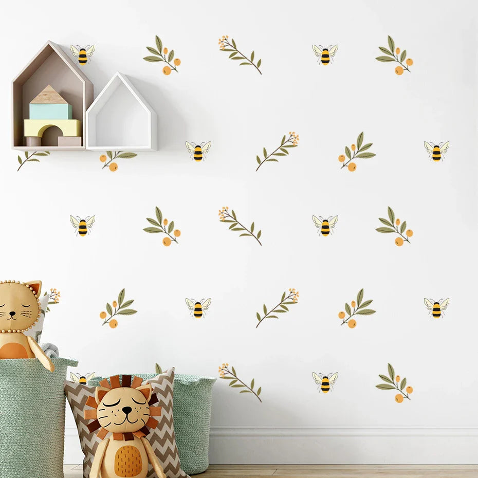 Boho Botanical Wall Decals: Floral Bee Vinyl Stickers for Kids Room Decor (Online Order Only)