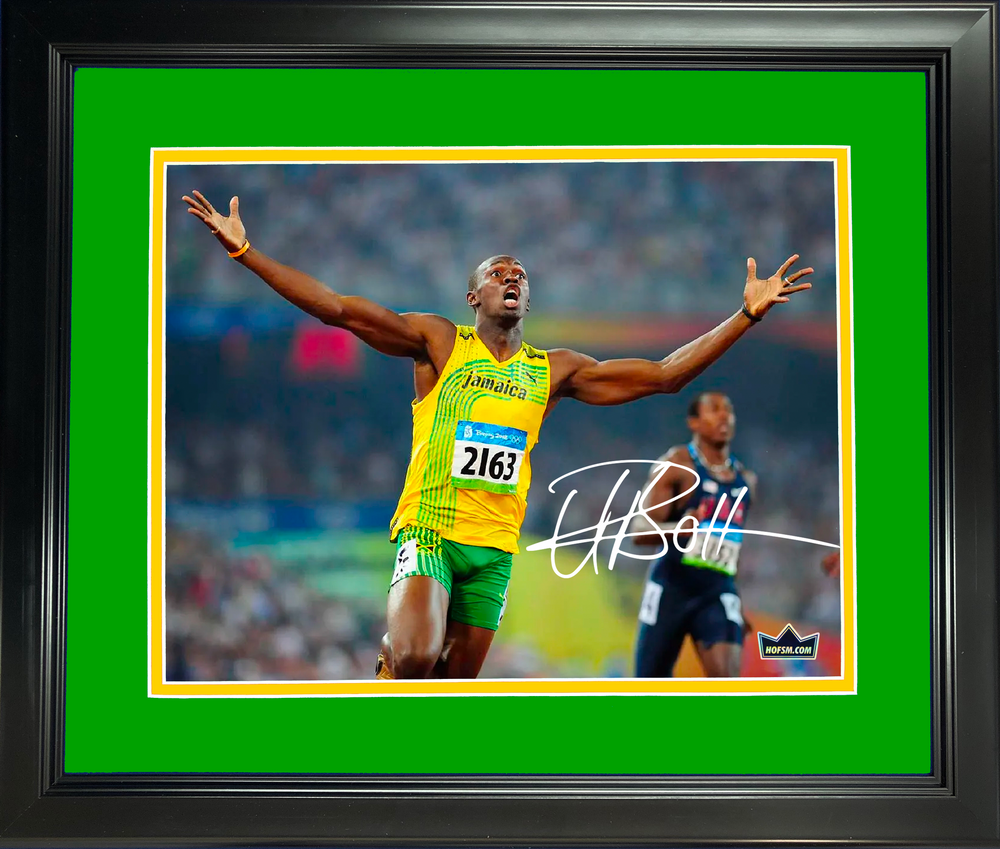 Framed Usain Bolt 200-Meter World Record Jamaica Olympics Facsimile Laser Engraved Signature Auto 11"x14" Photo HOFSM Holo (ONLINE ORDER ONLY)