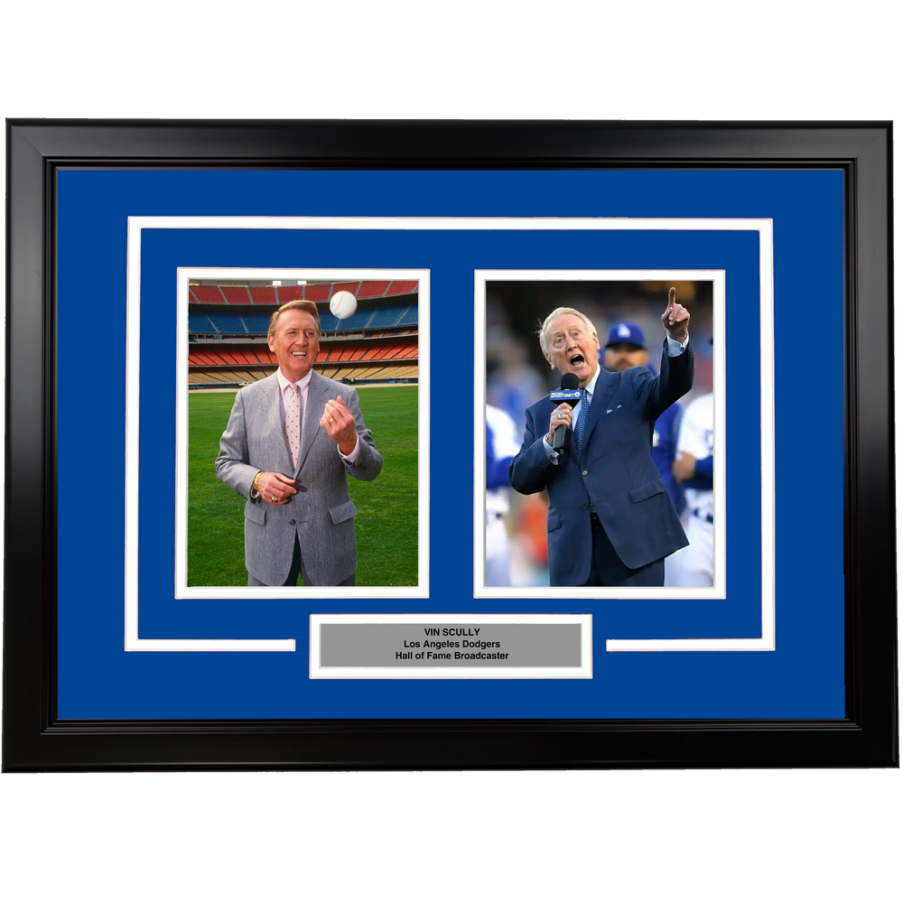 Framed Vin Scully Los Angeles Dodgers Broadcaster 17x23 Dual Baseball Photo (ONLINE ORDER ONLY)