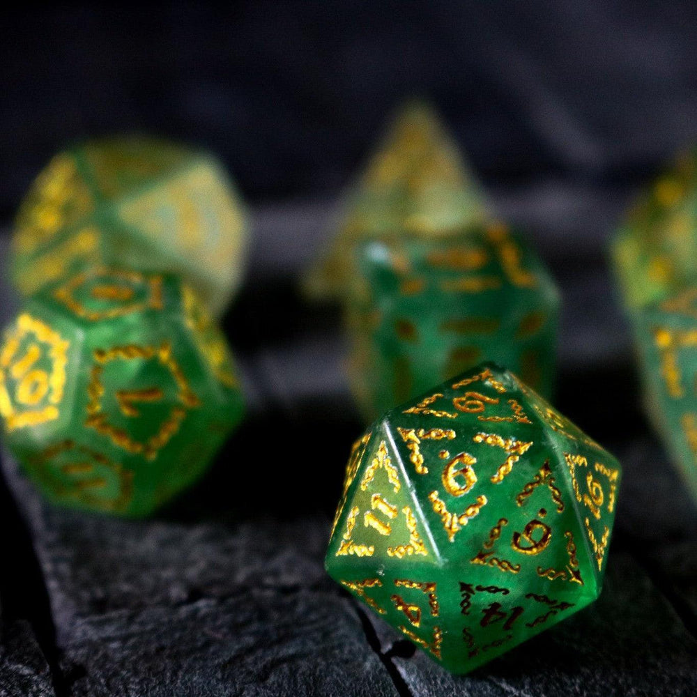 Vine Spike Green Fluorite Gemstone DND Dice Set (ONLINE ORDER ONLY)