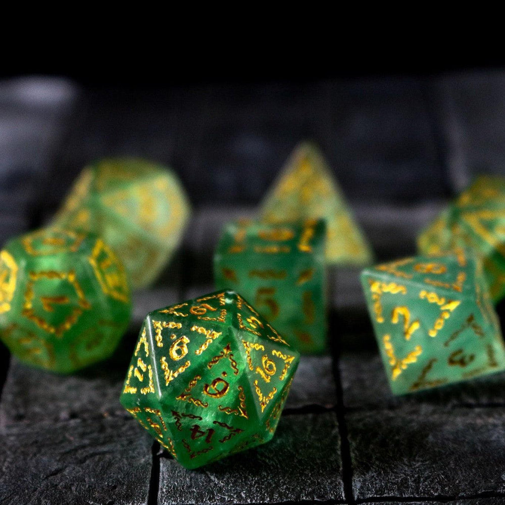 Vine Spike Green Fluorite Gemstone DND Dice Set (ONLINE ORDER ONLY)