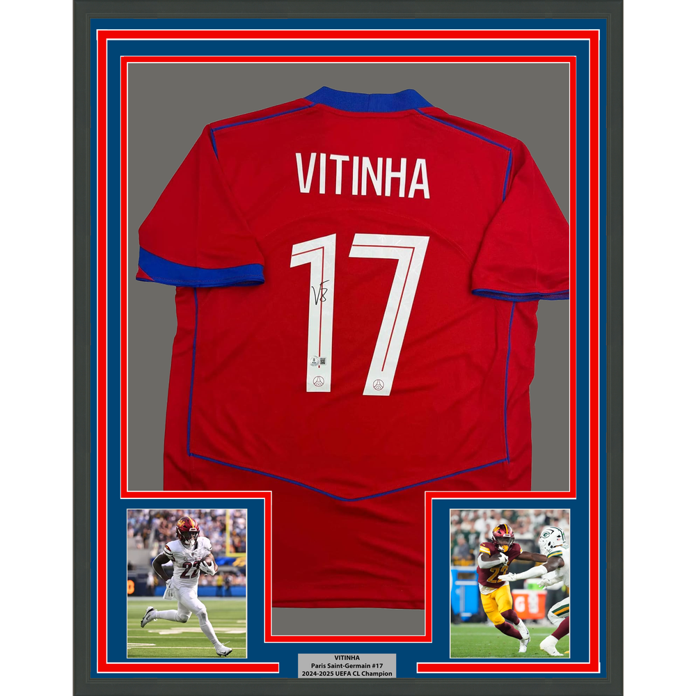 Framed Autographed/Signed Vitinha 35x39 PSG Paris Saint Germain Red Soccer Futbol Jersey Beckett BAS COA