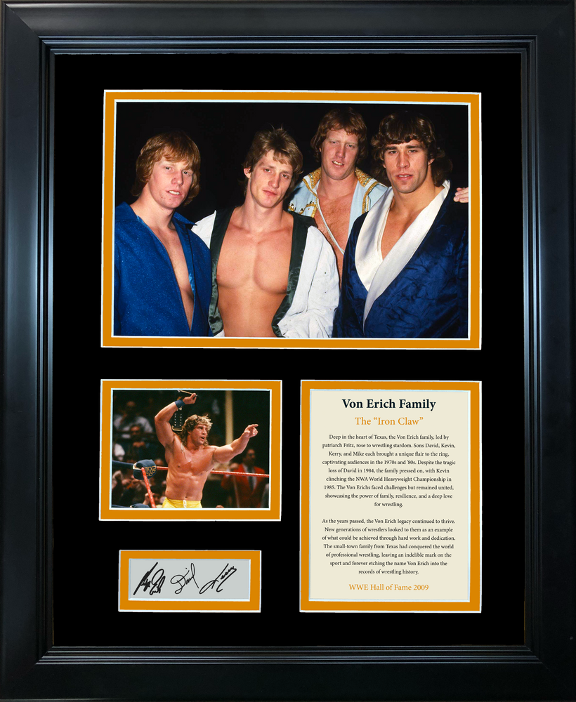 Framed The Von Erich Family  Iron Claw Hall of Fame Kevin, David, Kerry & Fritz Facsimile Laser Engraved Signatures Auto 11"x14" Wrestling Photo Sig Collage (ONLINE ORDER ONLY)